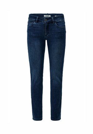 Vaqueros ajustados de mezclilla azul oscuro con botones frontales y bolsillos, exhibidos sobre un fondo blanco.