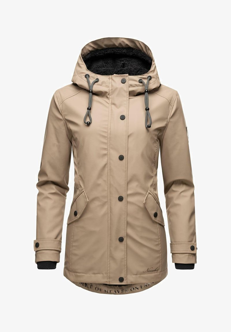 Beige waterproof jacket with a fur-lined hood, front buttons, elastic cuffs, and two side pockets. Features a logo at the hem.