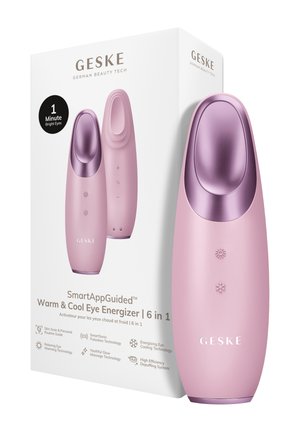 Roze Geske Warm & Cool Eye Energizer-apparaat met bedieningsknoppen en verpakking die 6-in-1 beautytech-functies voor oogverzorging benadrukt.