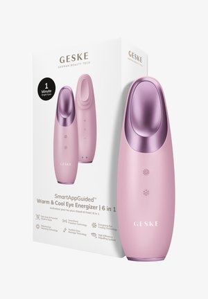 Roze Geske Warm & Cool Eye Energizer-apparaat met bedieningsknoppen en verpakking die 6-in-1 beautytech-functies voor oogverzorging benadrukt.