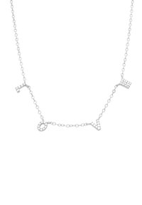 Silberne Halskette mit geometrischen Formen, darunter ein kreisförmiges Detail und ein kleines Dreieck, verziert mit funkelnden Akzenten an einer feinen Kette.