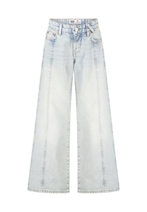 Lichtblauwe denim jeans met brede pijpen, vooraan knoop- en ritssluiting, riemlussen en voorzakken.