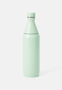 Mint green insulated water bottle with a tapered shape, smooth finish, and a screw-on cap; features a stainless steel ring at the base of the cap.