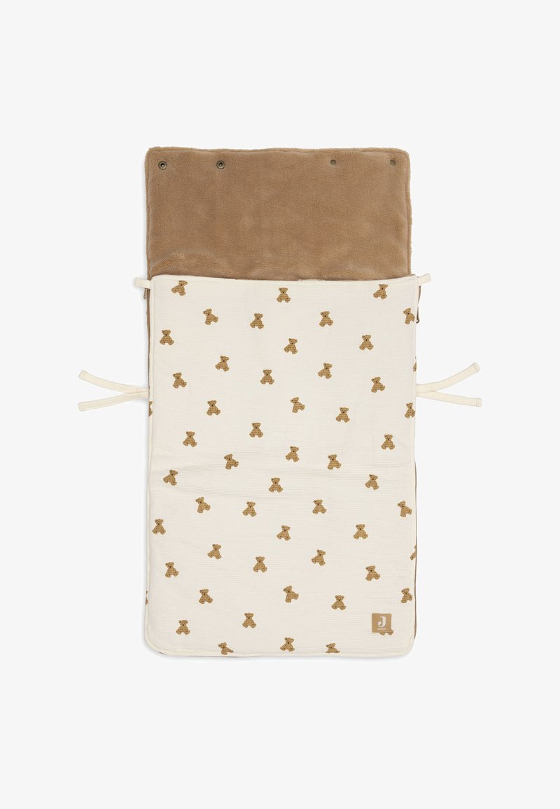 Matelas à langer pliable pour bébé avec intérieur en polaire marron et extérieur crème orné de petits ours en peluche marron et liens en tissu.