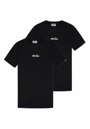 Zwei schwarze T-Shirts mit kurzen Ärmeln und dem Schriftzug "ellesse" sowie einem orangefarbenen Halbkreis über dem Text, zentriert auf der Brust, und einem kleinen Logo am linken Ärmel.