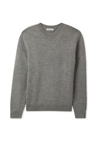 Maglione grigio lavorato a maglia con collo rotondo, maniche lunghe, polsini e orlo a coste, realizzato in un materiale morbido, che presenta un sottile motivo testurizzato.
