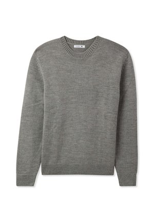 Maglione grigio lavorato a maglia con collo rotondo, maniche lunghe, polsini e orlo a coste, realizzato in un materiale morbido, che presenta un sottile motivo testurizzato.