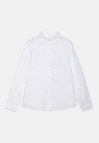 Camicia bianca a maniche lunghe realizzata in tessuto leggero, con apertura a bottoni, colletto classico e polsini con bottone. Texture liscia.