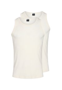 White cotton tank tops with round necklines and narrow shoulder straps. Soft texture, presented in a pack of two.