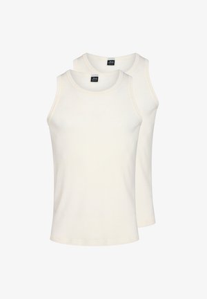 Hvide bomulds tanktoppe med runde udskæringer og smalle stropper. Blød tekstur, præsenteret i en pakke med to.