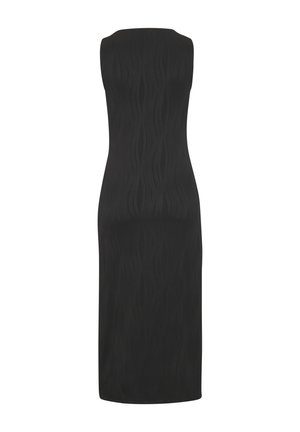 Must mustriga kleit, millel on keha järgnev siluett, tekstureeritud lainelise mustriga, ümar kaelus, ilma varrukateta ja sirge äär.