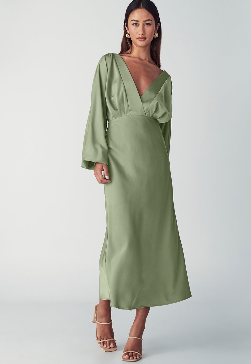 Sage Green Satin Dress With Sleeves Sage Ruched Halter Keyhole Back  Charmeuse Mermaid Bridesmaid Dress