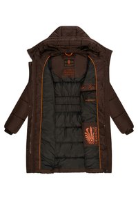 Brown padded coat with orange interior, featuring a high collar, zip closure, and branded tags. The outer material is smooth, with ribbed cuffs.