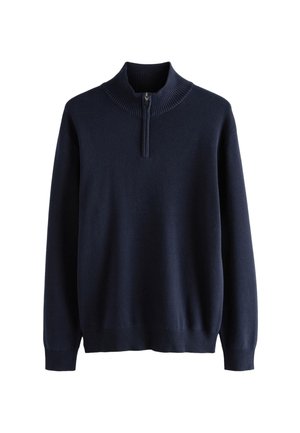 Námornícky modrý pletený pulóver s dlhými rukávmi, rebrovanými manžetami a lemom a polovičným zipsom so rebrovaným golierom.
