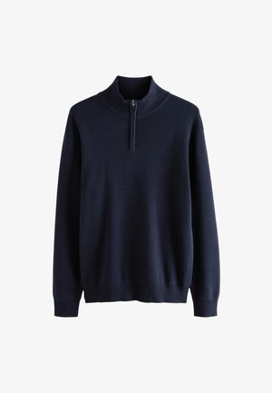 Marineblauer Strickpullover mit langen Ärmeln, gerippten Bündchen und Saum sowie einem halbzippigen, gerippten Kragen.