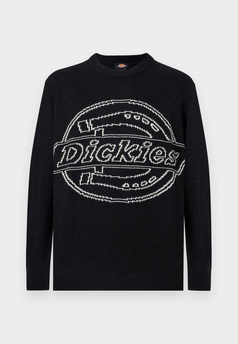 Maglione nero a maniche lunghe con un grande logo bianco Dickies lavorato a maglia sul petto, polsini e orlo a coste.