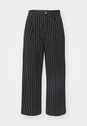Black pinstriped wide-leg trousers with a high waistband, featuring a front button closure and subtle textured fabric.