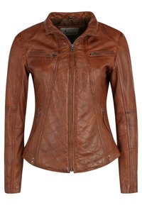 Braune Lederjacke mit durchgehendem Reißverschluss, gestochenem Rautenmuster und zwei Brusttaschen mit Reißverschluss. Figurbetonter Schnitt mit Stehkragen.