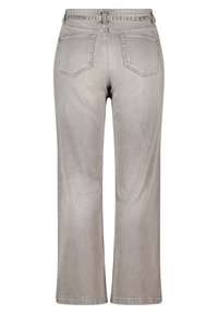 Jean en denim gris taille haute avec une coupe décontractée, deux poches arrière et des jambes droites, montrées de l'arrière.