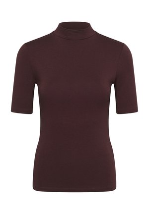 Haut ajusté bordeaux foncé à manches courtes avec col montant, design uni et tissu lisse.