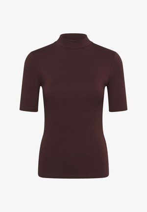 Donker bordeauxrood, nauwsluitend kort mouwen shirt met een colletje, eenvoudig ontwerp en gladde stof.