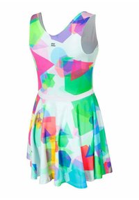 Kleurvolle jurk met een mouwloos ontwerp, gemaakt van lichte stof met een geometrisch patroon in groene, roze, blauwe en paarse tinten.