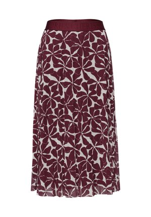 Jupe midi avec motif floral bordeaux sur fond blanc et ceinture élastique bordeaux uni.