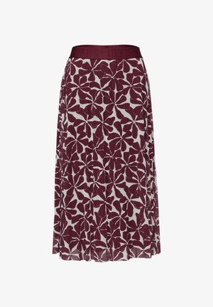 Midi-nederdel med bordeaux blomsterprint på hvid baggrund og ensfarvet bordeaux elastisk linning.