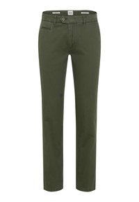 Olijfgroene katoenen broek met een recht gesneden ontwerp, voorzakken en een enkele knoopsluiting. Gladde textuur met minimale detailing.