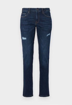 Dark blue denim jeans with a straight cut, featuring distressed rips at the knees, traditional pockets, and visible contrasting stitching.