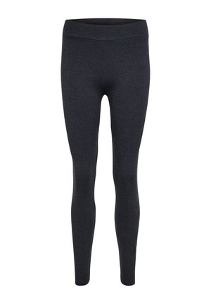 Black, form-fitting leggings made of stretchy fabric, featuring a wide waistband and a smooth texture with no visible patterns or accents.