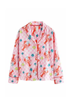 Pinker Schlafanzug-Oberteil mit Hummerdruck und kariertem Muster, das rote Hummer sowie grüne und blaue Sterne zeigt, mit einem klassischen Kragen und langen Ärmeln.