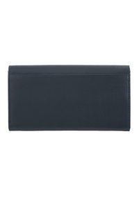 Navy leather wallet with a smooth texture, sleek rectangular shape, and minimal stitching detail, featuring a fold-over design.