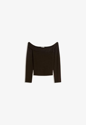 Top scollato, di colore marrone scuro, realizzato in un materiale a maglia aderente. Caratterizzato da maniche lunghe e un design corto con una texture liscia.