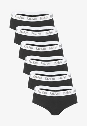 Black cotton briefs with white elastic waistband featuring "Fabio Farini" logo. Six pieces displayed in a stacked arrangement.