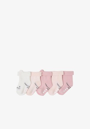 Five pairs of infant socks in varying shades of pink and white, featuring patterns of stripes and hearts on soft fabric with ribbed cuffs.