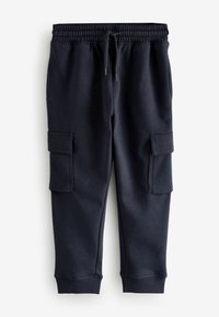 Marineblaue Sweatpants aus weichem Stoff mit einem elastischen Bund und Kordelzug, mit umschlagenen Säumen und zwei seitlichen Cargo-Taschen.