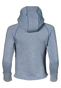 Heatheret blå hoodie med et tætsiddende design, der har en høj krave og en centreret søm på hætten. Stoffet er blødt og strækbart.