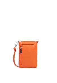 Borsa a tracolla in pelle arancione con finitura texturizzata, dotata di una pattina superiore e una tasca con zip frontale, oltre a una tracolla regolabile.