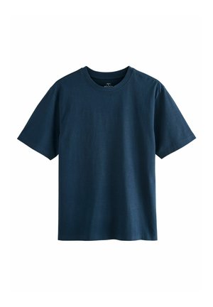 Navy blue t-shirt made of cotton, featuring a round neck, short sleeves, and a relaxed fit with a smooth texture. No patterns or accents.