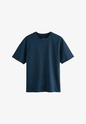 Navy blue t-shirt made of cotton, featuring a round neck, short sleeves, and a relaxed fit with a smooth texture. No patterns or accents.