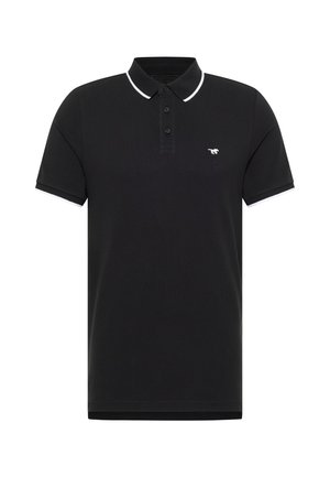 Schwarz polohemd aus strukturiertem stoff, mit einer dreiknopf-leiste und kontrastierenden weißen akzenten am kragen und den ärmeln. Verfügt über ein kleines logo.