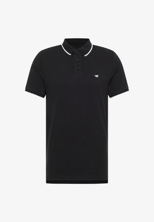 Schwarz polohemd aus strukturiertem stoff, mit einer dreiknopf-leiste und kontrastierenden weißen akzenten am kragen und den ärmeln. Verfügt über ein kleines logo.