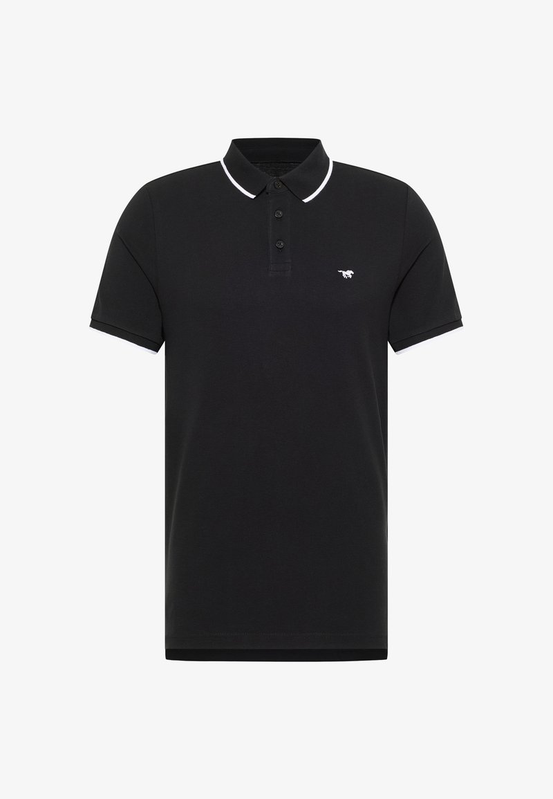 Schwarz polohemd aus strukturiertem stoff, mit einer dreiknopf-leiste und kontrastierenden weißen akzenten am kragen und den ärmeln. Verfügt über ein kleines logo.