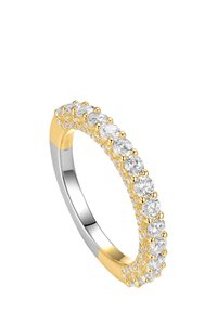 Gold and silver ring featuring a row of round, clear stones set in a yellow gold band with polished and textured finishes.