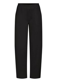Melni sporta bikses ar platu, elastīgu jostu. Brīva piegriezuma dizains ietver divas sānu kabatas un gludu, matētu tekstūru.