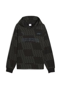 Felpa nera con cappuccio in tessuto morbido caratterizzata da un motivo geometrico. Testo "HIGH SPEED. HIGH STAKES." in azzurro chiaro; logo sul petto e tasca a marsupio.