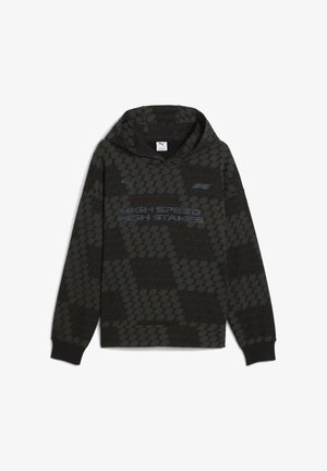 Sudadera con capucha negra de tela suave con un patrón geométrico. Texto "HIGH SPEED. HIGH STAKES." en azul claro; logo en el pecho y bolsillo canguro.