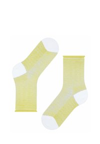 Gelbe Socken mit einem Fischgrätmuster, weißen Zehen und Bündchen, mit einer weichen Textur und elastischem Oberteil für Komfort.