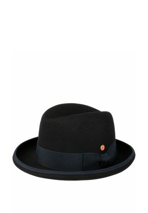 Black fedora hat with wide brim and navy blue ribbon band featuring small round gold pin on side.